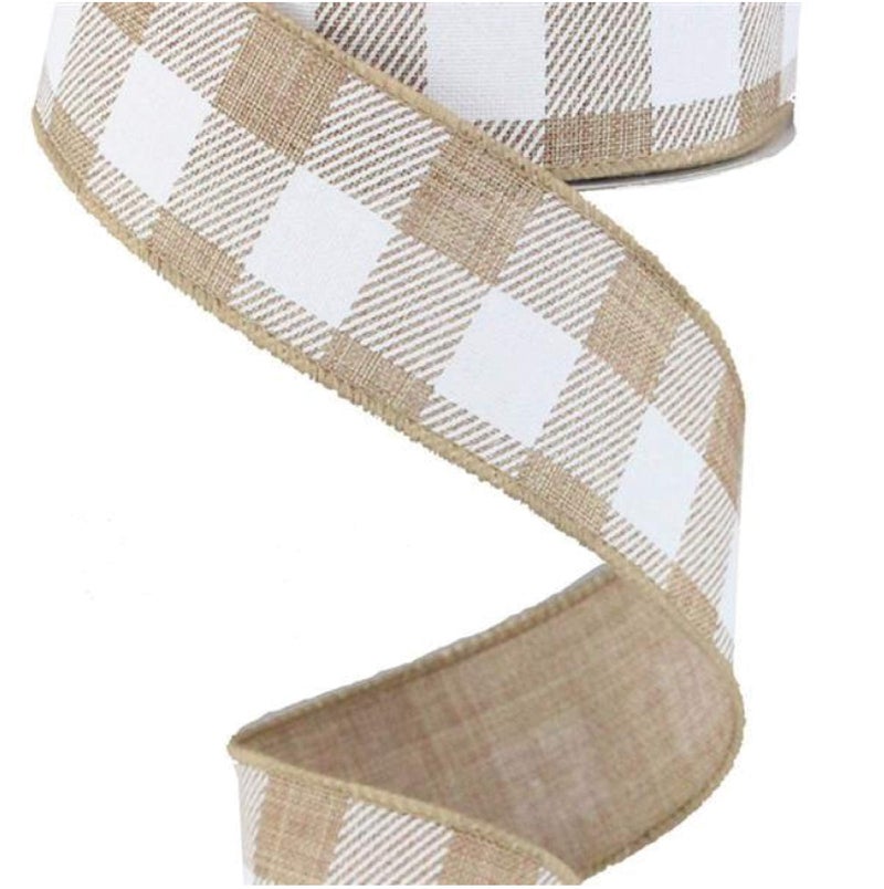Craig Bachman Plaid Check Wired Edge Ribbon - 10 Yards (Light Tan, White, 1.5") - Image 2
